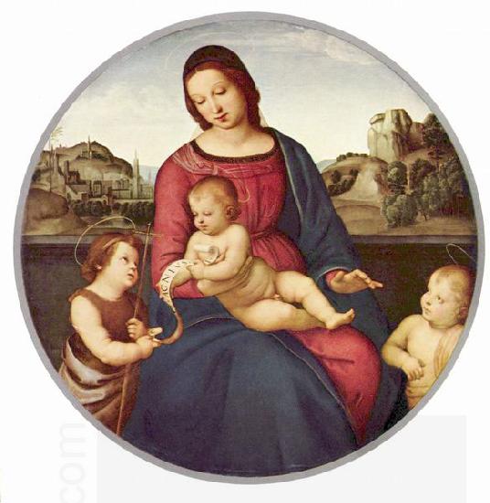 RAFFAELLO Sanzio Madonna Terranuova, Szene: Maria mit Christuskind und zwei Heiligen, Tondo